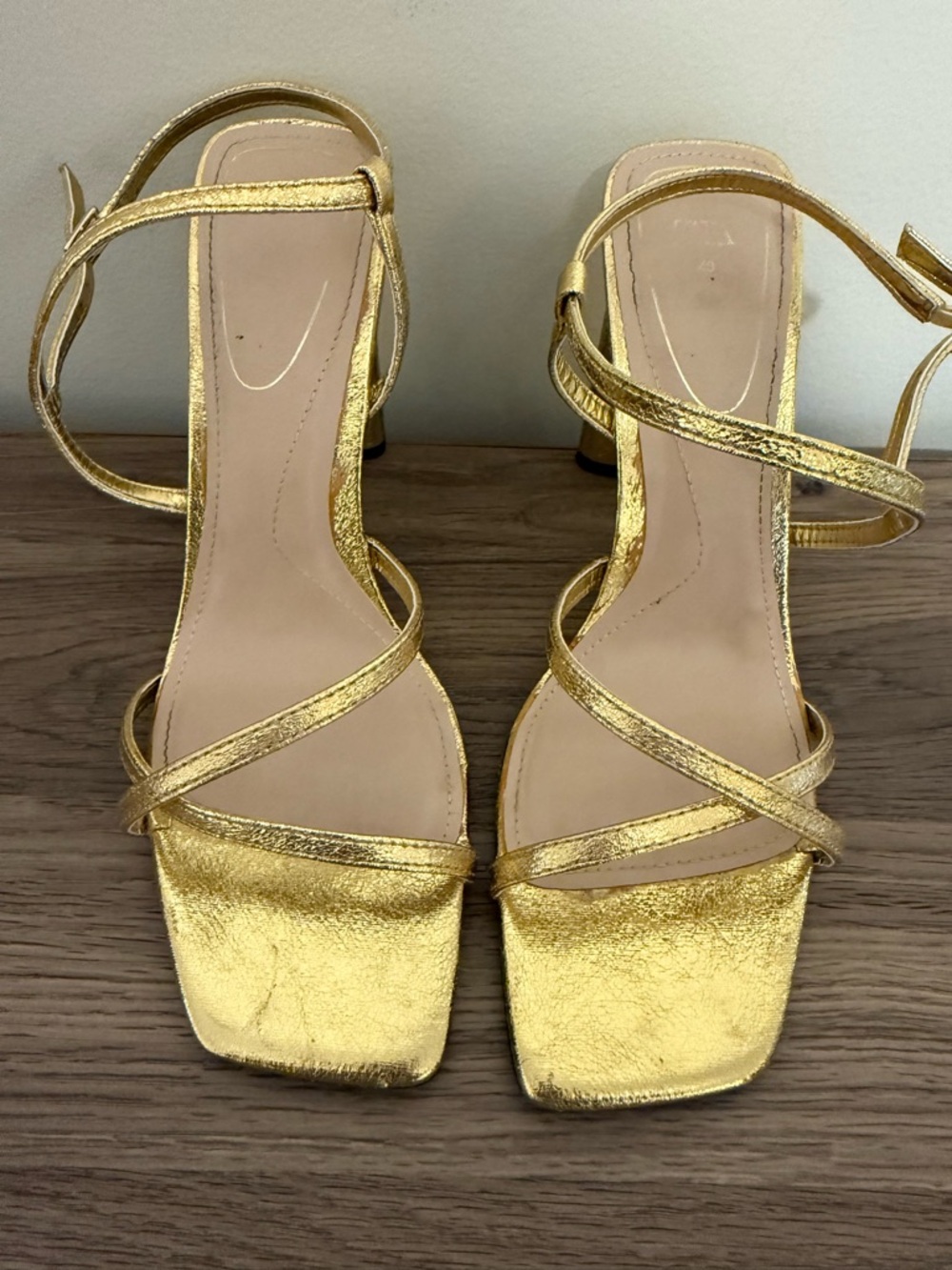 Zara Metallic Gold Strappy Block-Heel Sandals